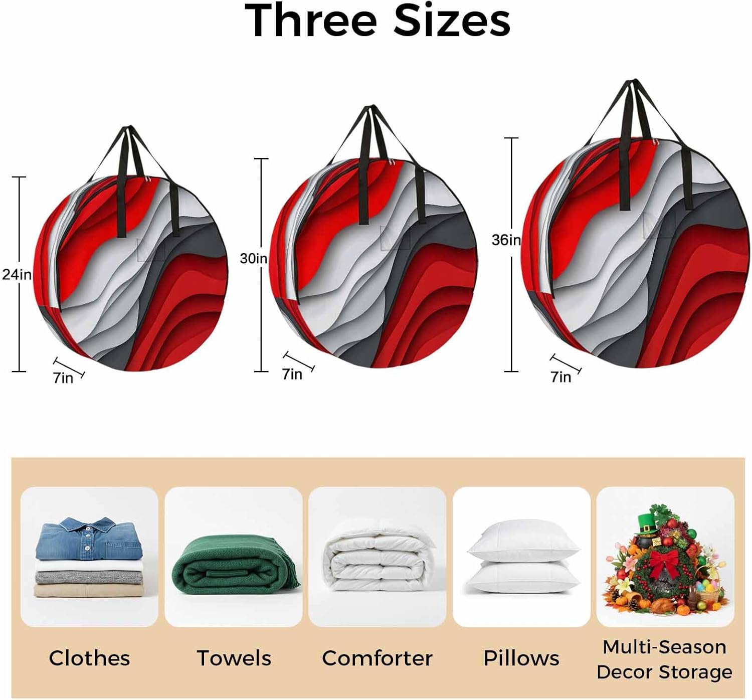 Red Grey Waves Round Storage Bag 36 Inch, Abstract Water Ripple Modern Gradient Clothes Storage Container with Handles Heavy Duty Organizer for Comforter, Bedding & Holiday Wreaths