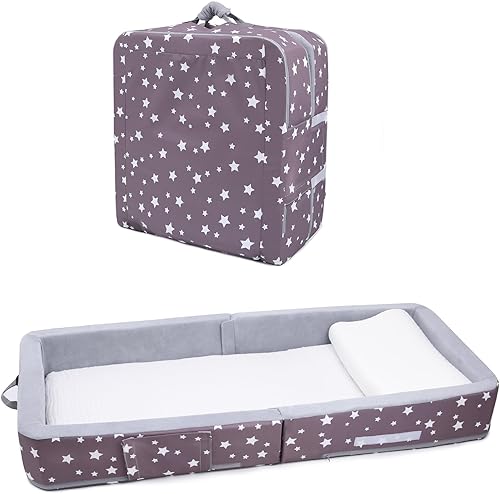 Miniatura 7 de Mooedcoe Cama plegable para niños pequeños con lados, cama plegable para niños pequeños de viaje, cuna de espuma (estrella), color gris
