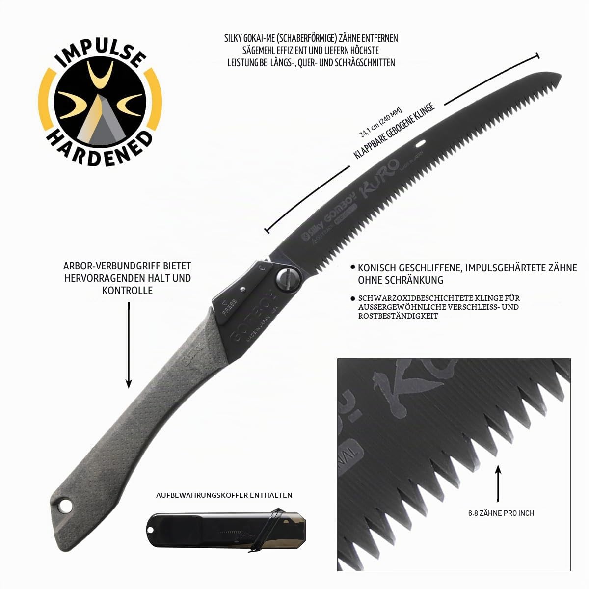Silky japanische Klappsäge Gomboy Curve Outback „KURO“ - Limited Edition - 240 mm 8 ZpZ gebogene Klinge – Black Oxide Beschichtung – Arbor-Composite-Griff – Outdoor, Bushcraft & Forst