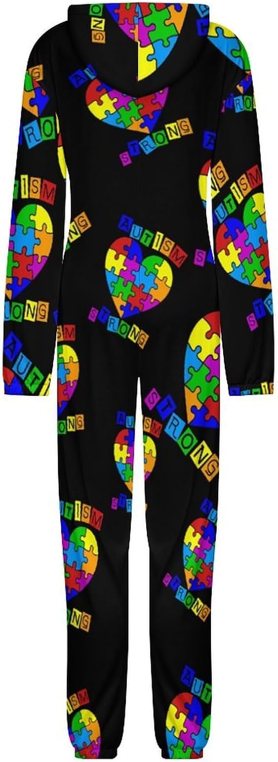 Autism Heart Puzzle Autism Awareness Adult Pajamas Onesie with Hood Pocket Jumpsuits One Piece Sleepwear