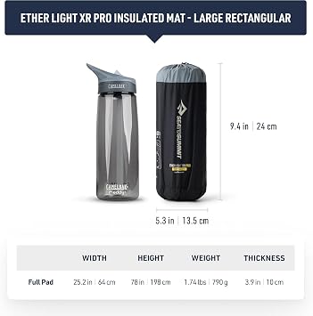 SEA TO SUMMIT - Ether Light XR Pro Insulated Air Sleeping Mat Rectangular Large Wide - ThermalCore Insulation - XPRESS Valve - Sack & Pillow Lock - Ultra Compact - 4Season - Backpacking - Black -790g