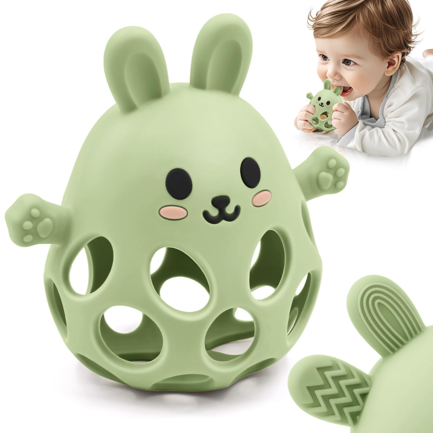 Baby Sensory Teething Toy with Rattle for Newborn 3 6 9 12 18 Months, 1st Boy Girl Easter Bunny Basket Stuffers Gifts