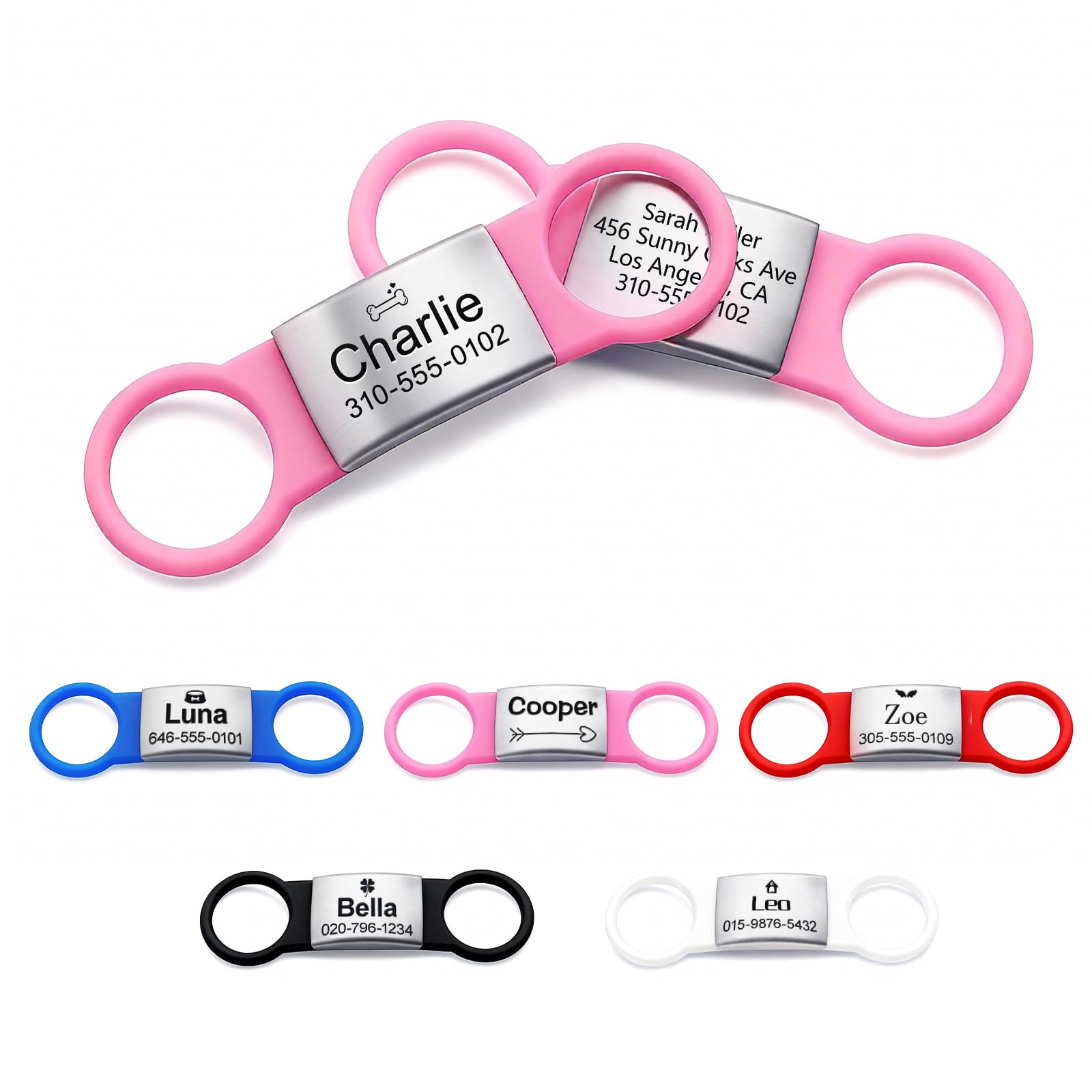 Dog Tags for Pets Engraved UK - Personalised Dog Tag with Any Text, Deep Engraved Silent Dog Name Tag, Slide on Silicone Dog ID Tag for Dogs, Dog Tags for Pet Collars (Pink, L)
