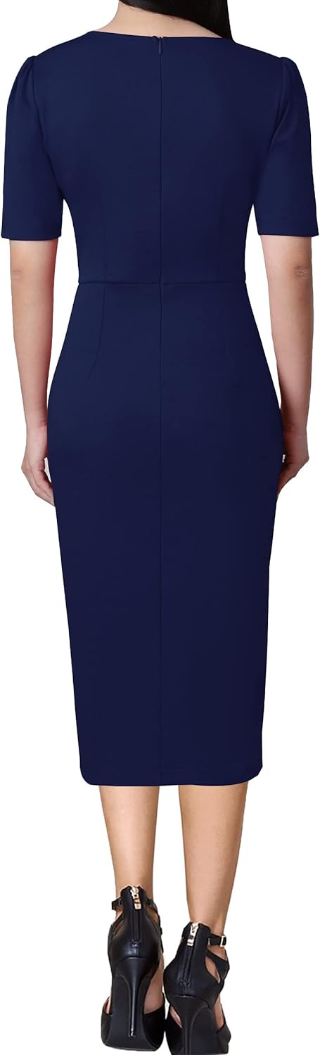 VFSHOW Womens Pleated Notch V Neck Buttons Split Work Office Business Slim Bodycon Pencil Sheath Midi Dress - Image 4