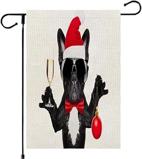 Winter Garden Flag 12x18 Vertical Double Sided Claus French Bulldog Dog Toasting Gift Animals Pug Wildlife Boxer Year Alcohol On Service Holidays Holiday Outside Decorations Burlap Yard Flag