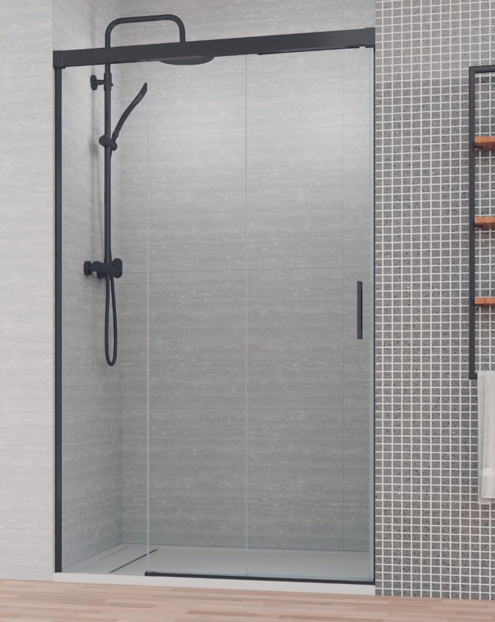 Mampara de Ducha Frontal Corredera 3 Hojas | 2 Puertas Correderas + 1 Fijo | Cristal Templado 6mm Antical | 195cm Altura | Perfil Negro Mate 105 cm (Adaptable 100,1-105cm)