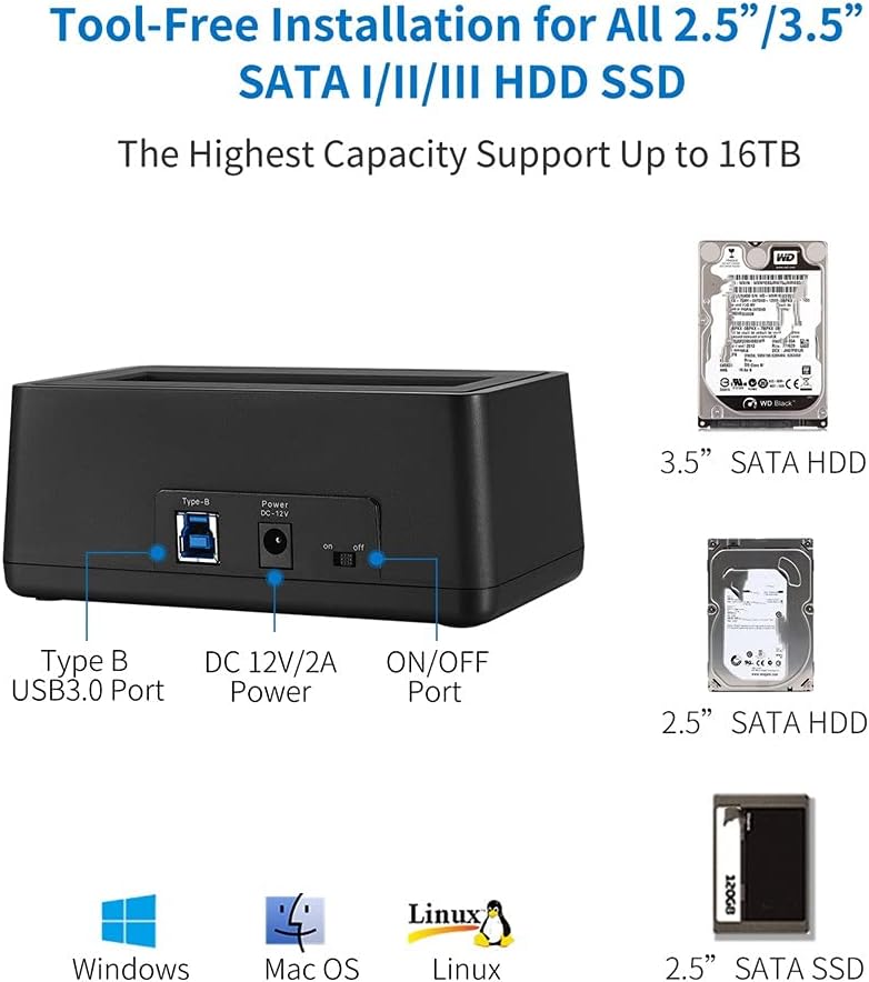 USB 3.0 to SATA External Hard Drive Docking Station Enclosure Adapter for 2.5 & 3.5 Inch HDD SSD SATA Speed Up to 5Gb