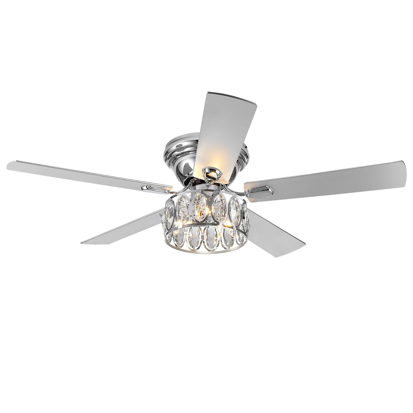 52 inch Flush Mount Ceiling Fans with Lights Remote Control, 5 Reversible Blades Indoor Low Profile Crystal Lighting Chandelier Ceiling Fans for Bedroom Living Room (Chrome)