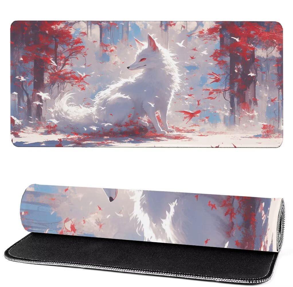 Podkładka pod mysz XXL 1400 x 600 x 3 mm lis, biała podkładka pod mysz do gier, poprawa precyzji i szybkości, podkładka pod mysz do gier antypoślizgowa gumowa podstawa, dekoracja biurka MM-189