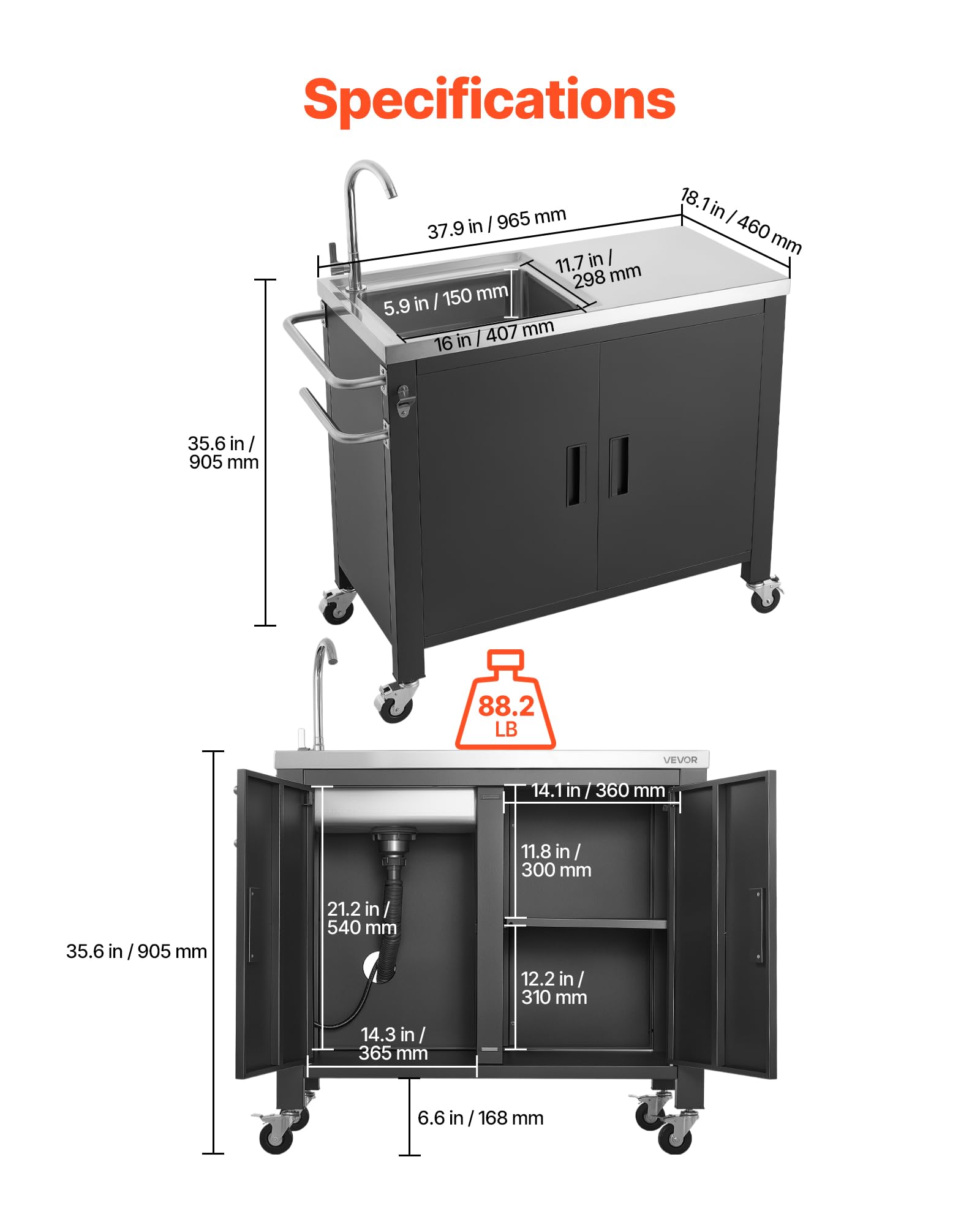 VEVOR Mesa de Barbacoa 965 x 460 x 909 mm Tablero de Acero Inoxidable, Carrito de Cocina con Fregadero, con Ruedas, con Armario de Almacenamiento, con Toallero, para Jardín, Bar, Zona de Barbacoa