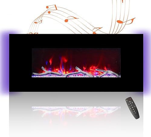 Chimenea eléctrica de 42 pulgadas con altavoces de música, chimenea lineal ultrafina montada en la pared, ajustable, 8 colores de llama, bajo ruido,