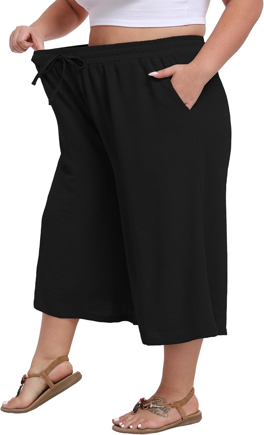 LIGHTBACK Women's Plus Size Wide Leg Capri Pants Loose Lounge Cropped Culottes Summer Casual Palazzo Pants with Pockets - Image 4