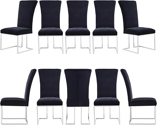 Miniatura 15 de AUZ Juego de 6 sillas de comedor de terciopelo negro y dorado con patas de trineo de acero inoxidable pulido, sillas de cocina tapizadas con Negro
