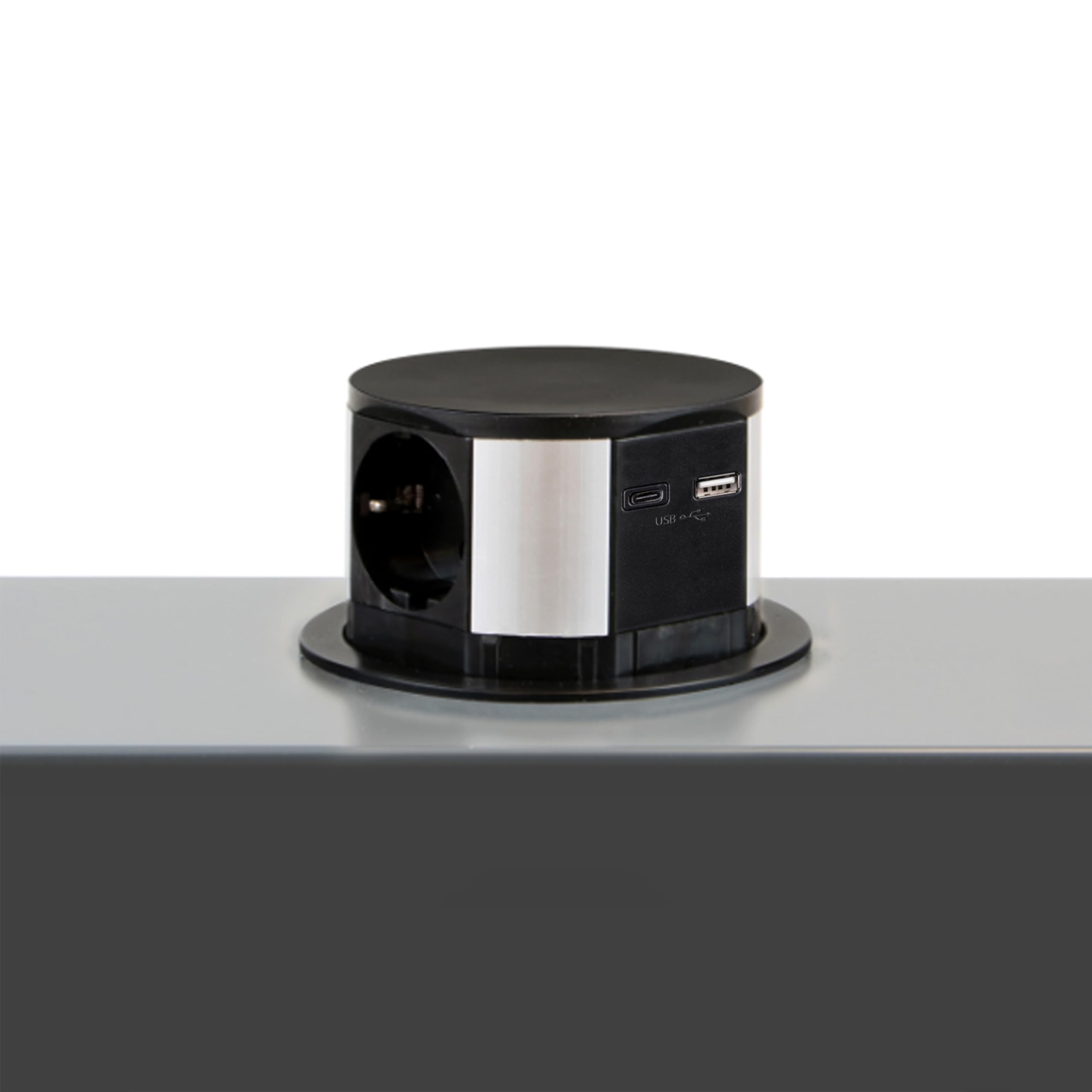 Emuca - Multiconnettore Vertikale Push diametro 100mm, 3 spine di tipo Schuko, 1 USB A, 1 USB C, Acciaio e Tecnoplastica, Verniciato Nero