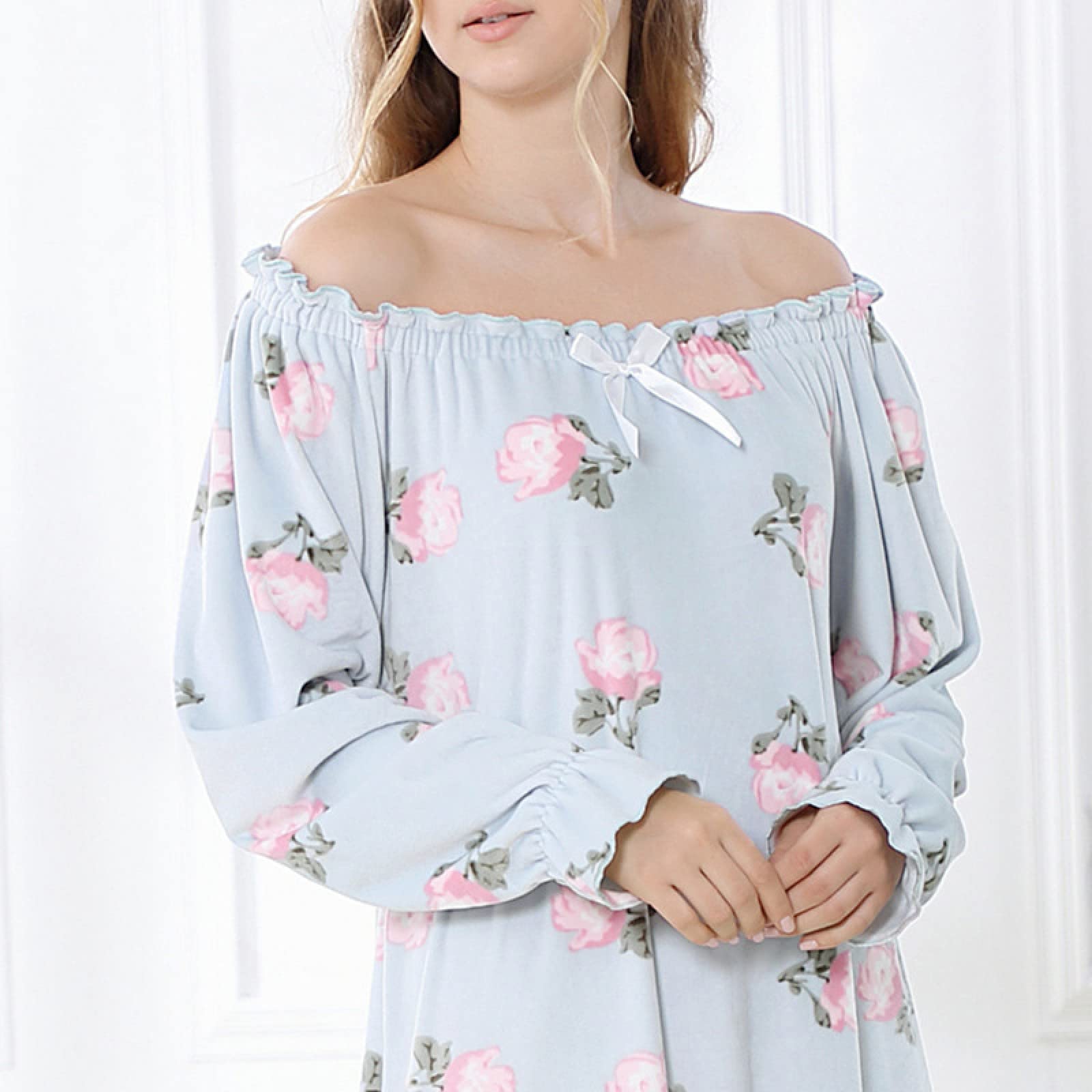 OFFSUM Camisón De Pijama De Mujer - Primavera Otoño Cuello Redondo Vellón Cómodo Camisón Lencería Elegante Ropa De Dormir Lindo Ropa De Casa Ropa De Camisón