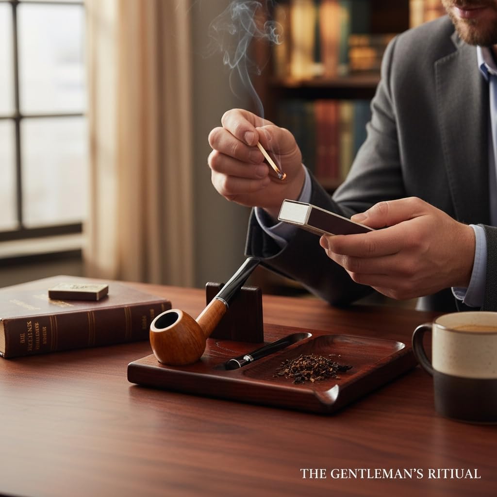 Wooden Tobacco Pipe Stand with Tobacco Mixing Tray and Tamper Slot, Single Pipe Holder