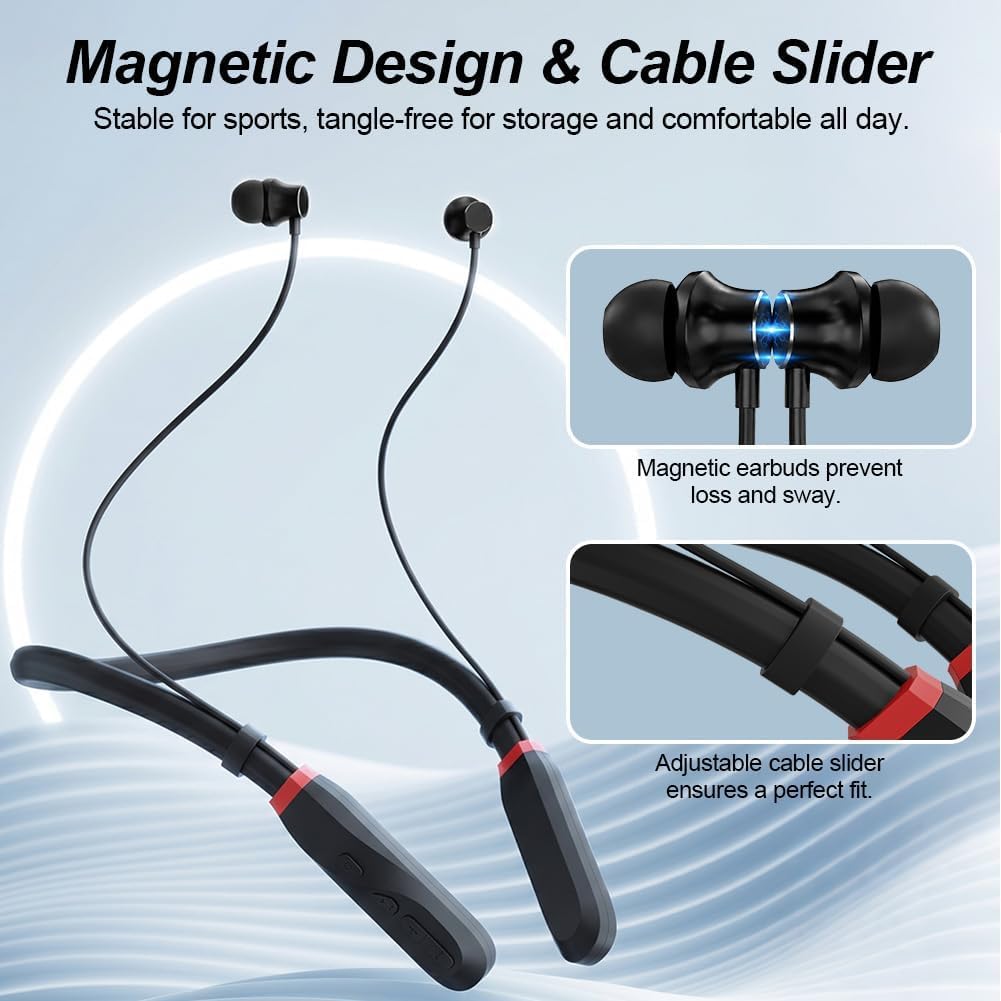 Cuffie Bluetooth con Archetto da Collo 200H di Riproduzione, Auricolari In-Ear Bluetooth 5.3, Cuffie Sportive a Collare, IPX4 Cuffie Wireless Magnetiche per Sport Corsa Palestra Cantiere, Nero