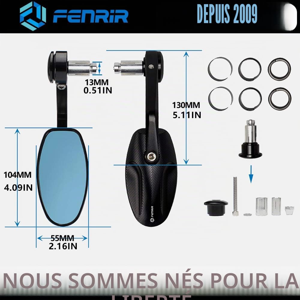 FENRIR (Non Homologué) Rétroviseur Moto Embout De Guidon Retrovisores Noir CNC Alliage d'aluminium forgé Anti-éblouissement Conception anti-tremblement Pour Roadster Sporive Scooter Custom 801-0324