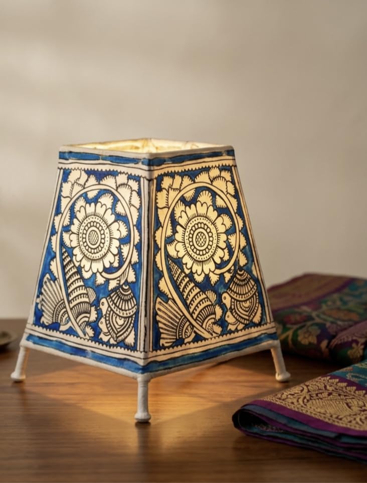Tholu Bommalata Leather Table Lamp Blue Hand Painted 6 Inch | Floral Motif, Traditional Art, Leather Shade, Handcrafted Design, Home Decor-image-8