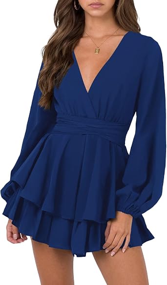 Nova In Sky Womens Sexy V Neck Long Sleeve Tie Waist Ruffle Hem Flowy Swing Mini Short Wrap Dress