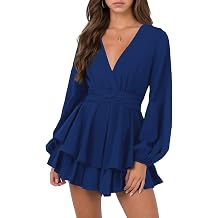 Nova In Sky Womens Sexy V Neck Long Sleeve Tie Waist Ruffle Hem Flowy Swing Mini Short Wrap Dress