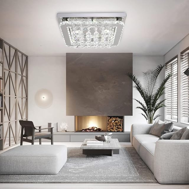 XEMQENER Square Crystal Chandelier, 30W LED Ceiling Lamp with Cool White Light, Finish Chrome Flush Mount Ceiling Light for Bedroom Living Room Bar Kitchen Hotel Restaurant(NO Remote)