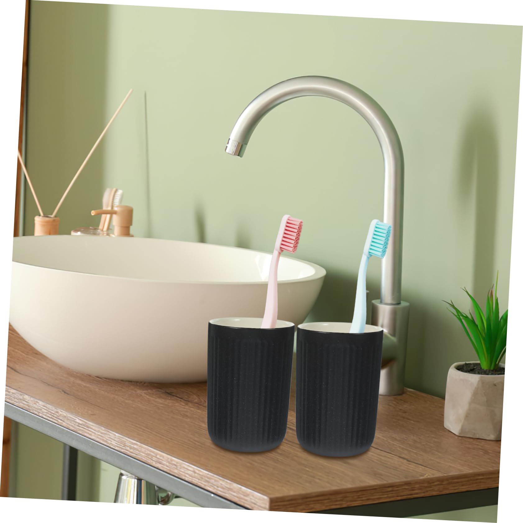 Anneome 2piezas Cepillo de Dientes de Cerámica Retro Tazas de Baño Reutilizables Vaso para Cepillo de Dientes Enjuague Bucal Vaso de Agua Pequeño Negro Líneas Verticales