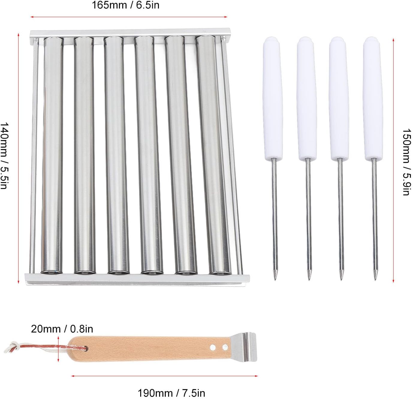 Detachable Stainless Steel Hot Dog Roller Rack, Sausage Roller for Grill, 6 - Stick Design with Extra Long Wood Handle and 4 Skewers for BBQ Camping Parties (S)