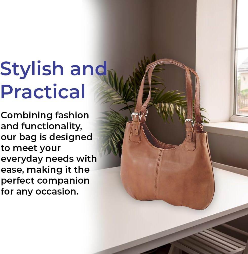Genuine Leather Buckle Bag, Women’s Purse with Magnetic Snap Closure, Ladies Cognac Brown Handbag with Multiple Pockets, Detachable Crossbody Shoulder Strap