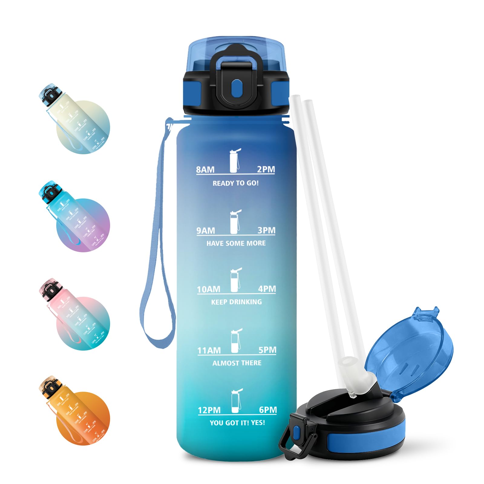 JAPORIA 1L Water Bottle with Straw Leak Proof Water Bottle with Time Indicator for Office Hiking