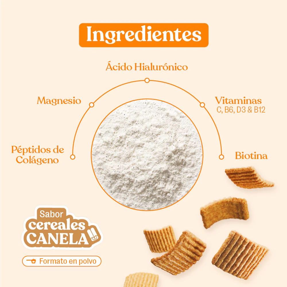 Colágeno con Magnesio, Ácido hialurónico y Biotina. Super Collagen sabor cereales de canela. Colágeno Tipo I y III de origen Bovino. El colágeno más completo.… (300 gr, Canela)