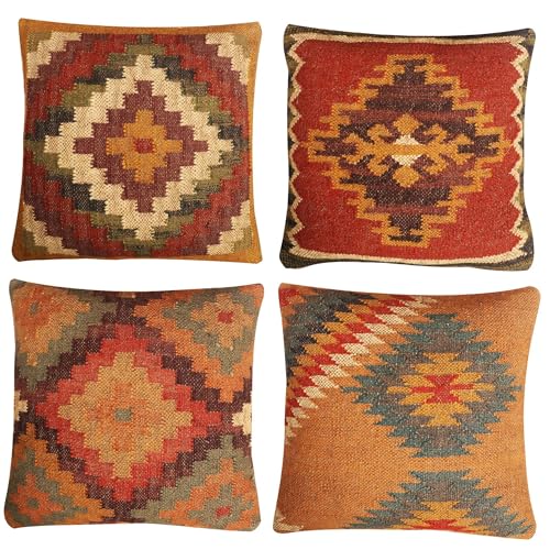 JAIPUR KILIM RUGS Set of 4 Geometric Wool Jute Square