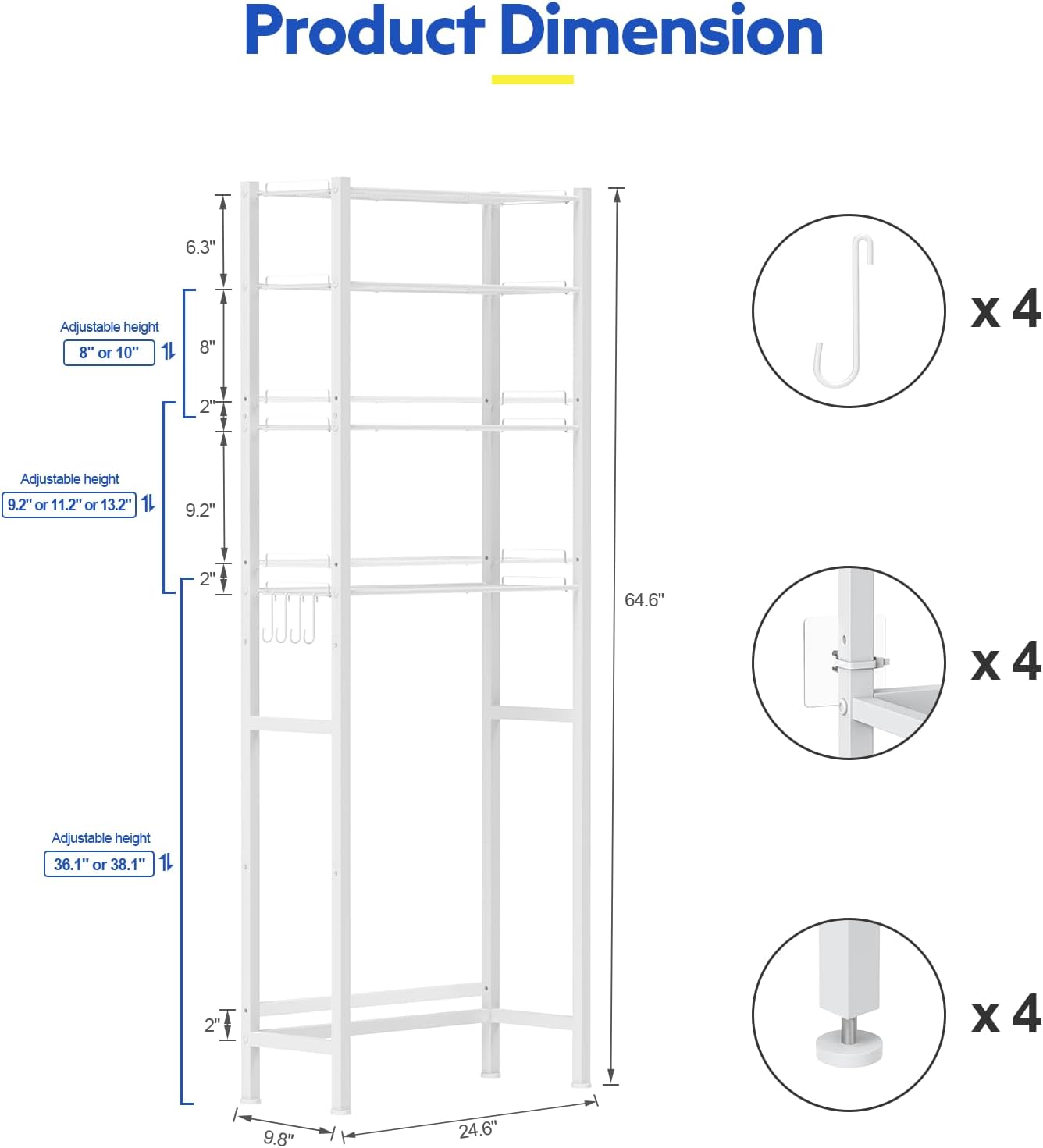 samstar 4 Tier Over The Toilet Storage Rack, Bathroom Organizer Shelves Cabinet Above Toilet, with Adjustable Height Freestanding Shelf Space Saver, White