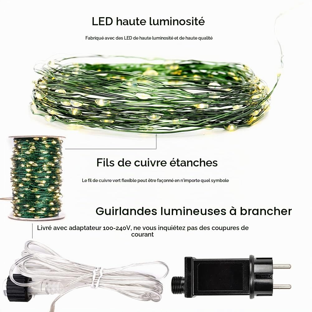 Guirlande LED extérieure avec fil vert, 60m, 600 LED super étanches, avec télécommande et 8 modes lumineux, idéale pour décorer votre sapin de No?l, jardin, mariage, et toutes vos soirées festives.