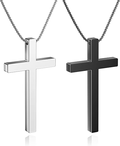 Lazebox 2 Packs Cross Necklace for Men, Stainless Steel Cross Pendant Necklace for Men Women Boys Girls, Silver 24inch and Black 18inch