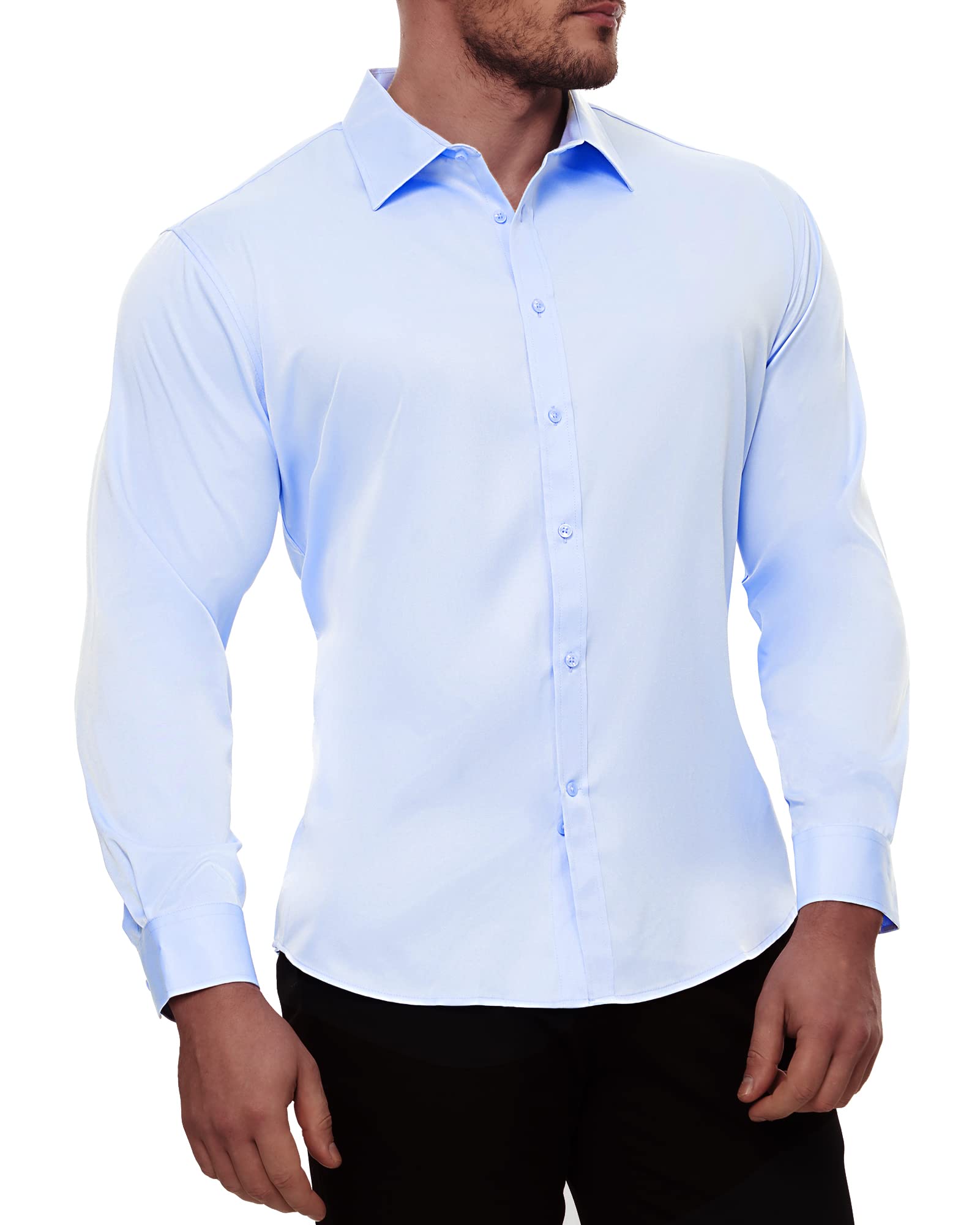 Alimens & GentleMen's Slim Fit Dress Shirts Long Sleeve Stretch Wrinkle-Free Solid Business Formal Casual Button Down Shirt