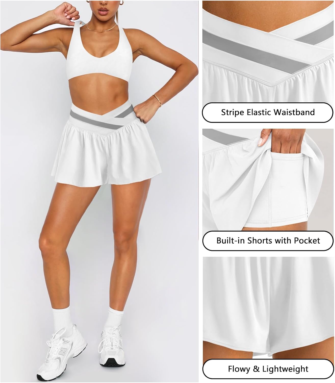 Womens Athletic Workout Shorts Flowy Butterfly Elastic Crossover High Waisted 2 in 1 Running Shorts Pockets for Women - Image 4