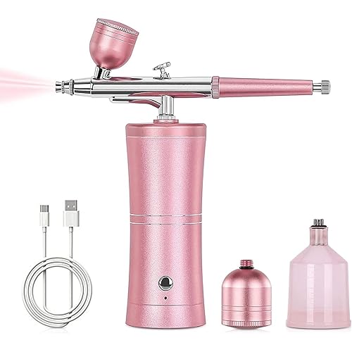 Airbrush Kit with Compressor - 48PSI Rechargeable Cordless Non-Clogging High-Pressure Air Brush Set Nail Machine, Airbrush Gun Set for Nail Art, Cake Decor, Makeup, Barber, Model Painting (PINK)