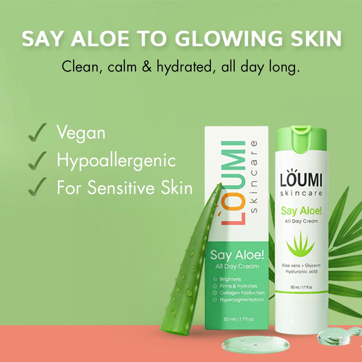 LOUMI Skincare Say Aloe All-Day Face Cream | Hydrating Aloe Vera & Hyaluronic Acid Moisturizer | Nourishes, Soothes & Softens Dry Skin | Natural, Vegan & Cruelty-Free | 1oz