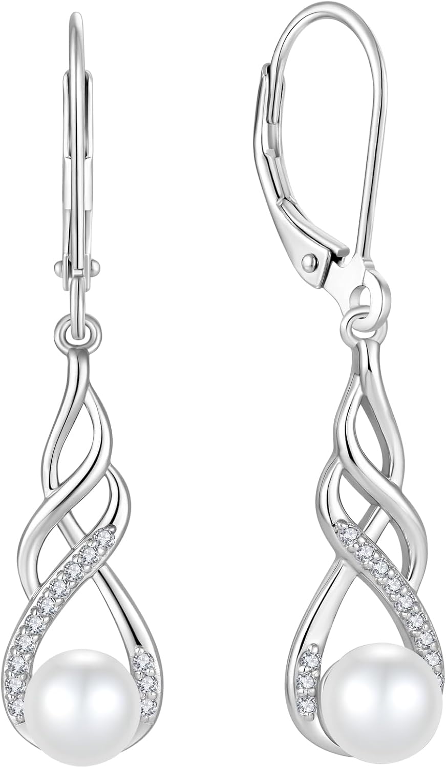 Pearl Dangle Drop Earrings for Women 925 Sterling Silver Infinity Leverback Earrings with Cubic Zirconia Jewelry