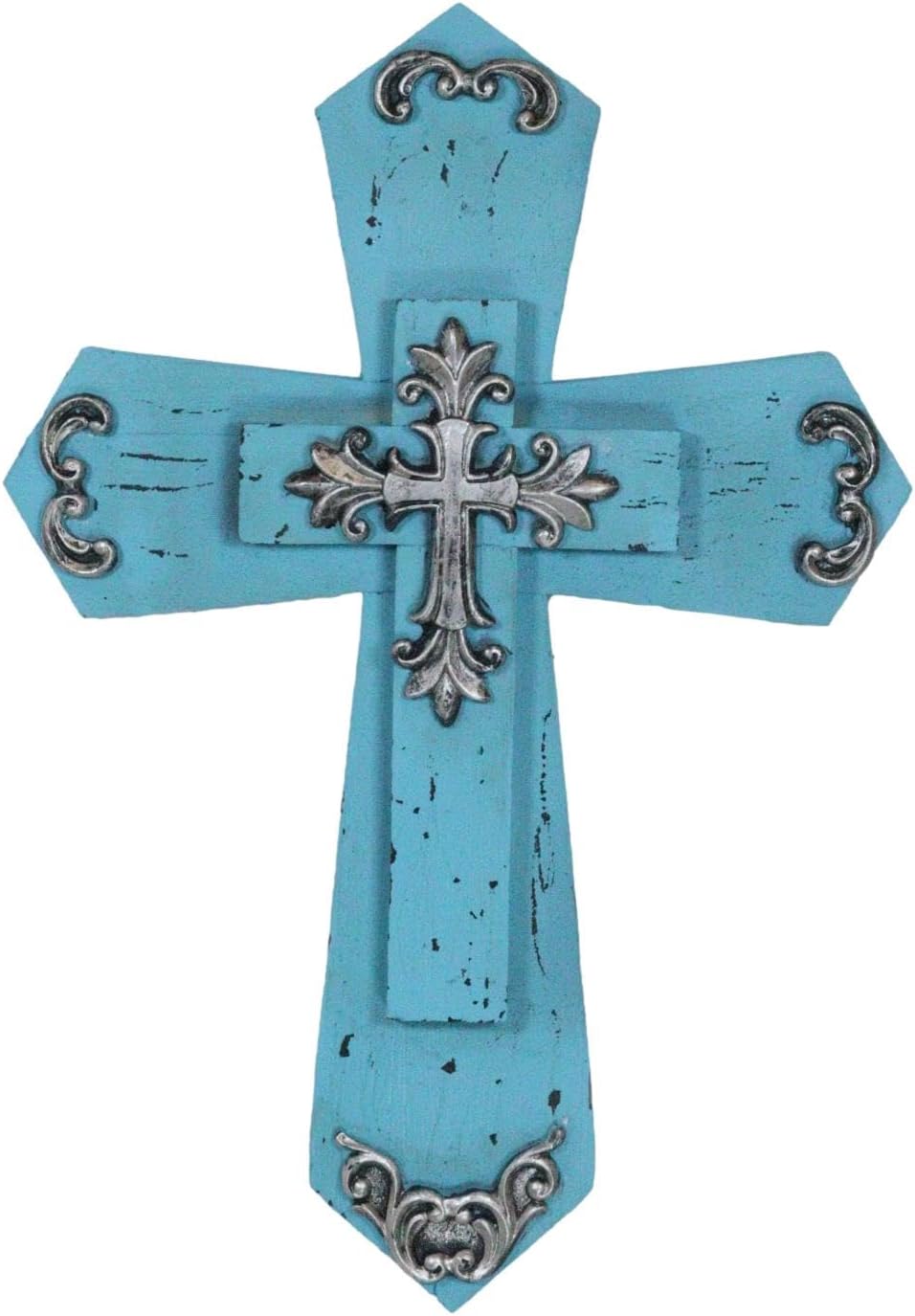 Ebros Gift 15.75" H Rustic Western Beautiful Turquoise Faux Wood Layered Wall Cross Decor Plaque With French Fleur De Lis Scrollwork Inspirational Christian Themed Accent