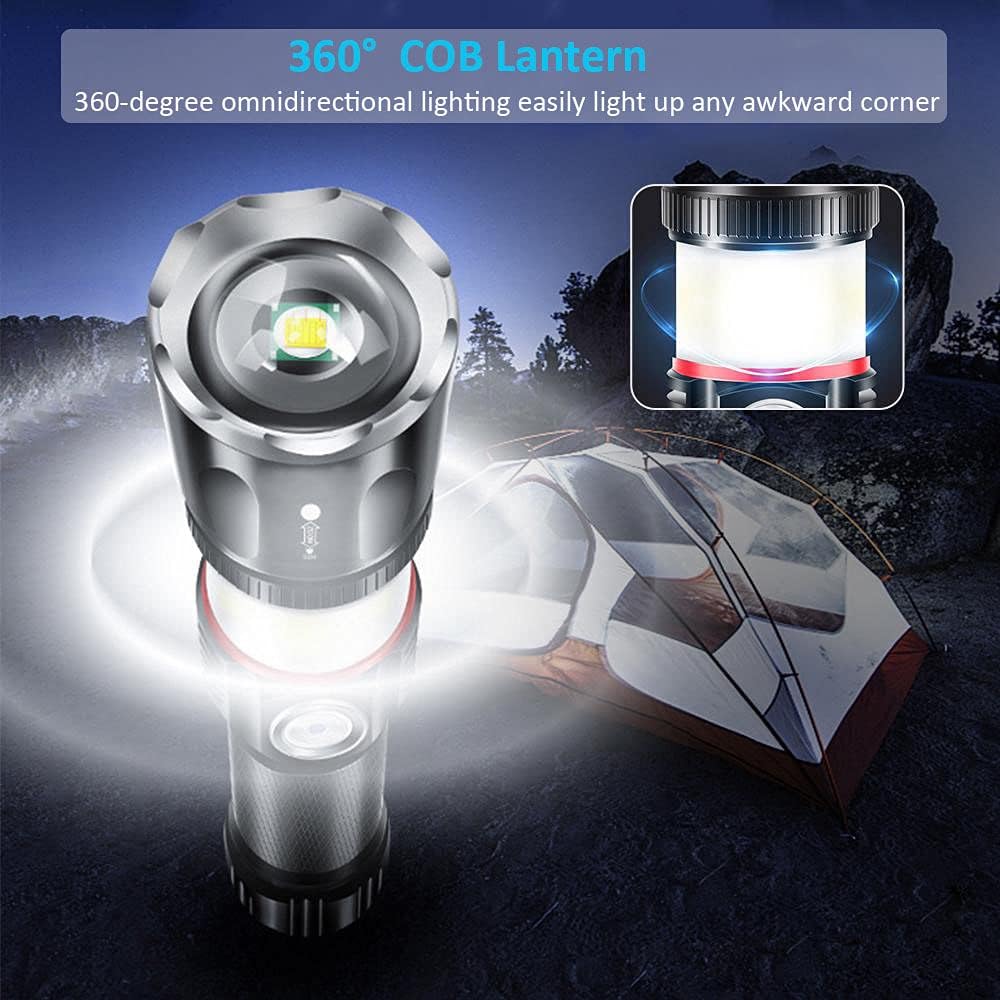 Hoxida Rechargeable Flashlight, Magnetic LED Tactical Flashlight 360 ° COB Work Light, Super Bright 5000 Lumen, Zoomable, Waterproof, 4Modes Flashlight for Emergency, Camping Flashlight
