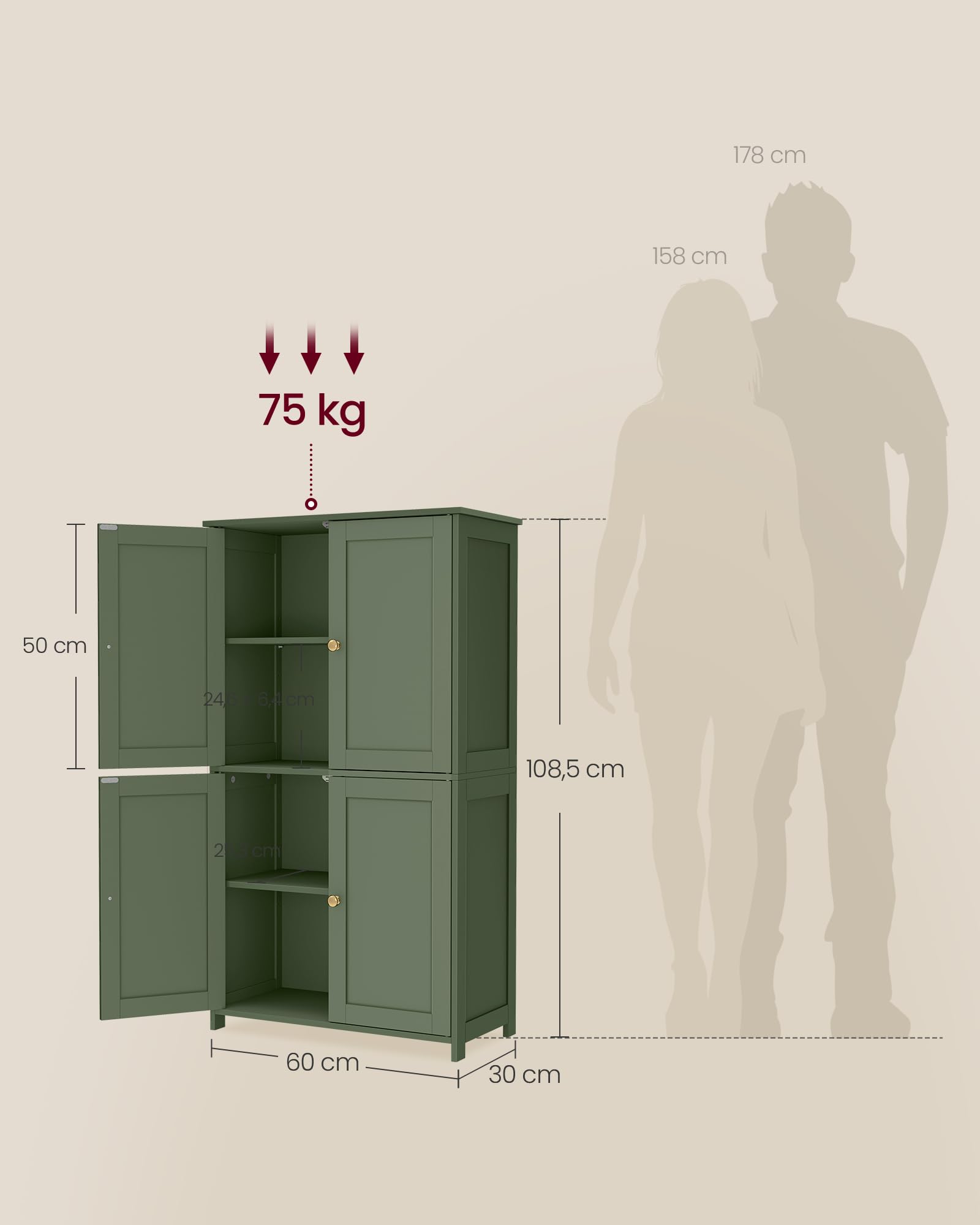 VASAGLE Badezimmerschrank, Badschrank im Shaker-Stil, mit 2 verstellbaren Ablagen, 4 Türen, Schrank für Badezimmer, Hochschrank, für Küche, waldgrün BBC553CH01