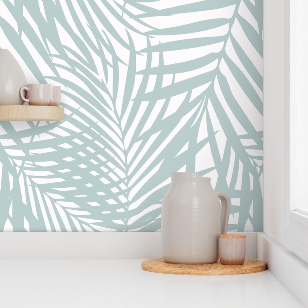 Peel & Stick Wallpaper Swatch - Pastel Blue Palm Fronds Tropical Beach Coastal Island Leaves Custom Removable Wallpaper by Spoonflower