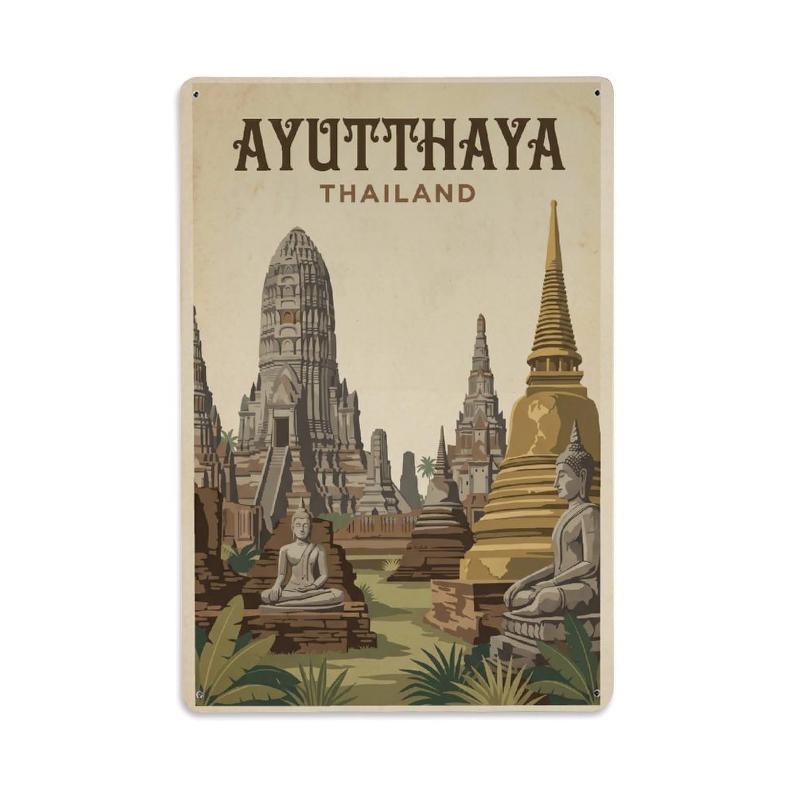 Vintage Thailand Ayutthaya Travel Metal Tin Sign Plaque Wall Decor for Cafe, Club Bar, Office, Garden Metal Poster 8x12Inch