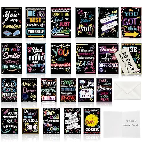 Iconikal 25-Count Inspirational Greeting Cards with Envelopes 4x6-Inch Motivational Quotes Blank Inside Encouragement Notes Bulk Pack