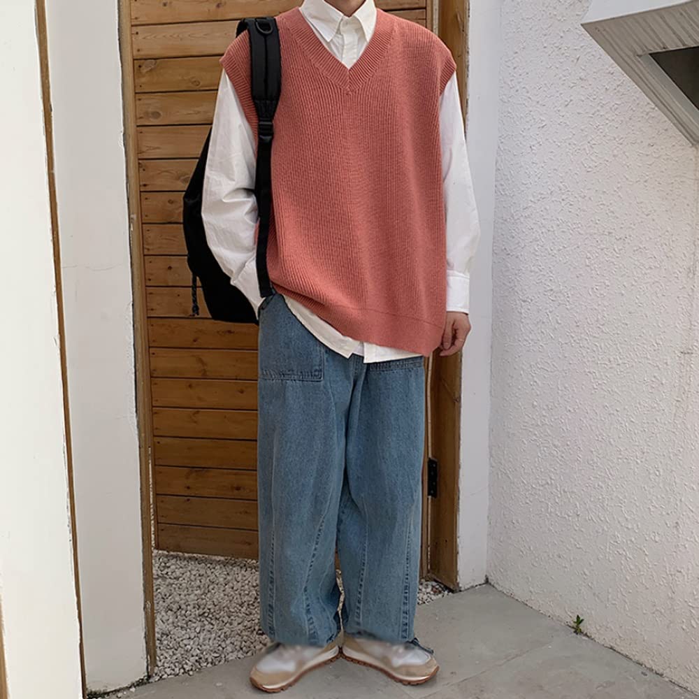 N/A Knitted Vest Men's Casual V-Neck Sweater Men Streetwear Loose Vest  Knitting Sweaters (Color : A, Size : XL Code)