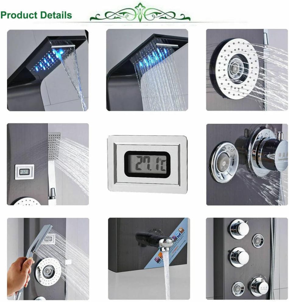 Stainless Steel Shower Panel Tower LED 6 Function Massage Spray