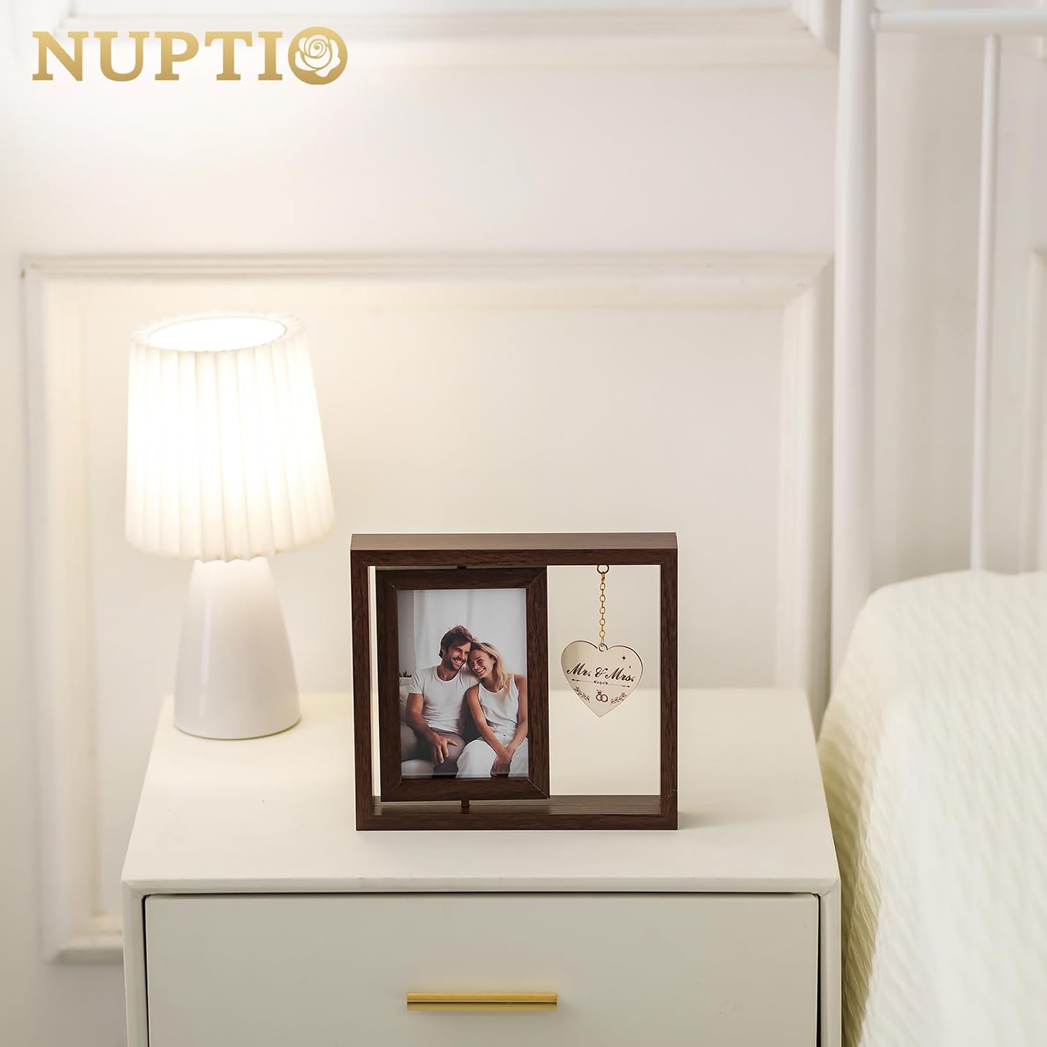NUPTIO Wedding Gifts Picture Frame: Couples Gift Ideas for Mr and Mrs Bride Groom Newlywed Bridal Shower Christmas Engagement Anniversary 4x6 Rotating Double Sided Photo Frames with Heart Pendant