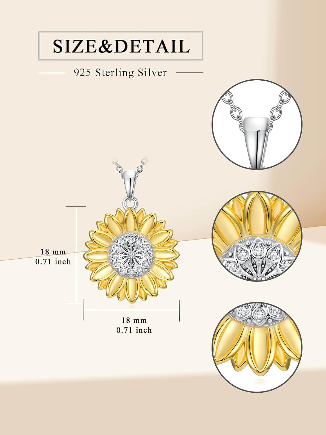 ZBA Natural Diamond Sunflower Gifts for Women, 18K Gold Plated Sterling Silver You Are My Sunshine Sunflower Necklace Fine Jewelry 18+2'' (Color F-G/Clarity I1-I2) - Image 5